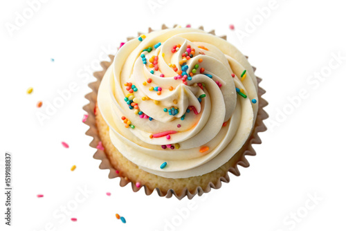 Vanilla cupcake with sprinkles isolated on transparent background, top view