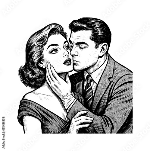 Illustration of a Caucasian Couple in Love, Man Kissing Woman's Face, Engraving Style