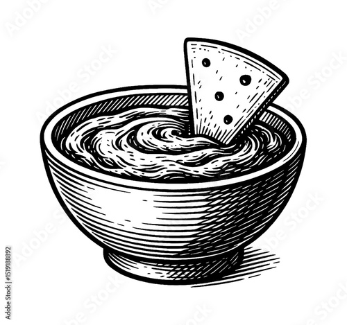 Engraved Style Illustration of Chip Dipped in Bowl of Sauce in Black and White