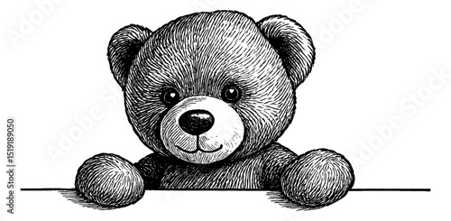 Illustration of a Cute Teddy Bear with Paws Peeking Over Edge in Detailed Black and White Line Art