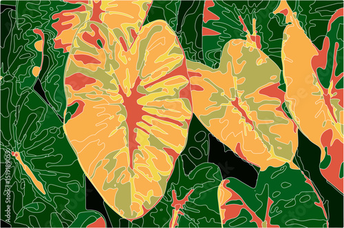 Seamless floral pattern art background vector. Green tropical forest wallpaper of monstera leaves, palm leaf, branches in hand drawn pattern, taro leaves, background elements in pink, green and black
