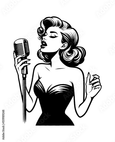 Glamorous Woman Singing into Microphone with Vintage Hairstyle and Dress in Black and White