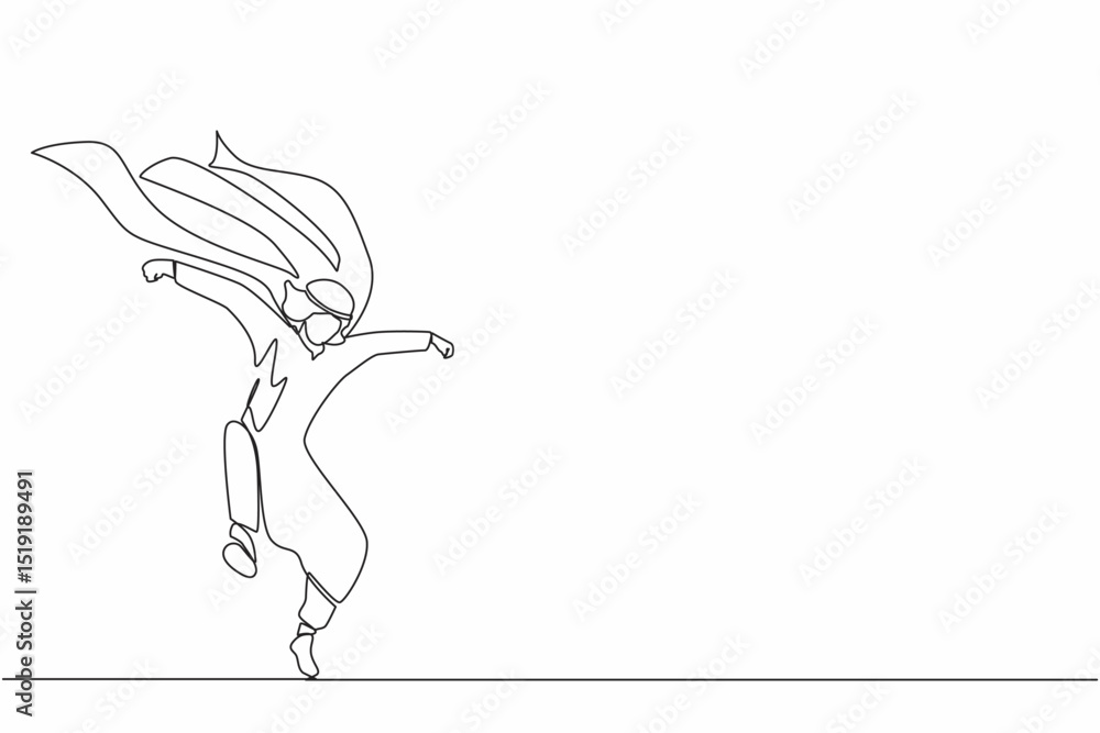 Continuous one line drawing Arabian businessman superhero in cloak. Successful superhero landing from the sky. Leadership, challenge goal achievement. Single line design vector graphic illustration Continuous one line drawing Arabian businessman superhero in cloak. Successful superhero landing from the sky. Leadership, challenge goal achievement. Single line design vector graphic illustration