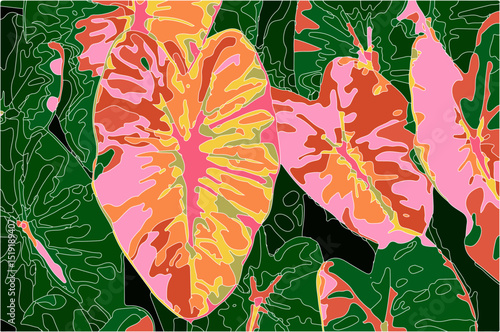 Seamless floral pattern art background vector. Green tropical forest wallpaper of monstera leaves, palm leaf, branches in hand drawn pattern, taro leaves, background elements in pink, green and black