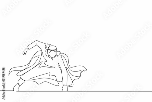 Single continuous line drawing Arab businessman with superhero mantle in landing powerful action. Office worker ready to fight for career achievement. One line draw graphic design vector illustration