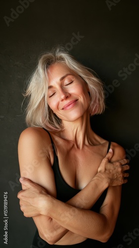 Mature woman with closed eyes hugging herself, expressing self love and tranquility against dark backdrop, embodying personal empowerment and serene confidence Free Download Mature woman with closed eyes hugging herself, expressing self love and tranquility against dark backdrop, embodying personal empowerment and serene confidence - GFXLoad