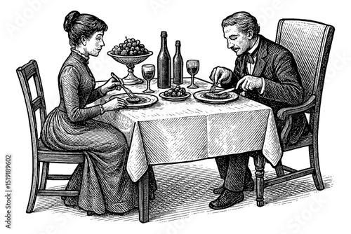 Victorian Couple Dining Elegantly at Table with Wine and Fruits in Vintage Engraving Style