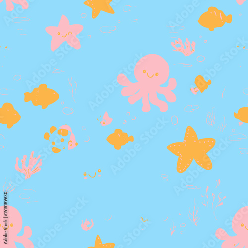 Adorable Seamless Pattern Cute Ocean Creatures & Starfish