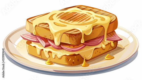 Golden-baked croque monsieur with melted Gruyère, creamy béchamel sauce, and thin ham slices between crusty white bread, shown close-up on white plate, dripping with rich French indulgence.