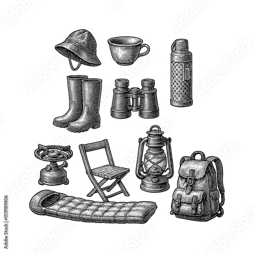 Camping Equipment in Detailed Engraving Style: Backpack, Boots, Binoculars, Chair and Other Supplies