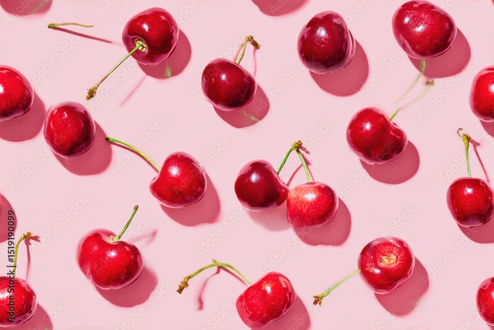 Seamless cherry pattern on pink background. Fresh fruit texture for packaging, textile, and summer-themed design. Seamless cherry pattern on pink background. Fresh fruit texture for packaging, textile, and summer-themed design.