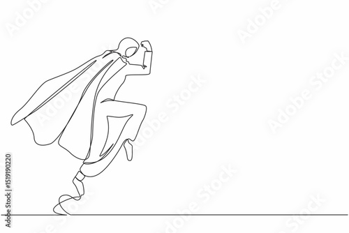 Single continuous line drawing superhero Arab businesswoman parry blow. Female in superwoman costume and mantle standing after fight. Victory, winner concept. One line draw design vector illustration