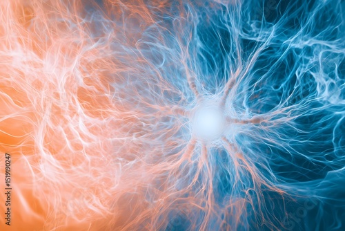 A storm of digital neuron threads in electric blue and peach tones, spreading from a hot white central dot in fluid motion, 
