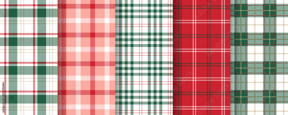 Plaid seamless pattern. Check Christmas background. Set gingham fabric prints. Tartan shirt cloth. Green red flannel textures. Geometric checkered backdrop. Lumberjack tablecloth. Vector illustration