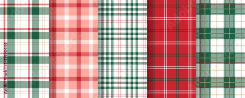 Plaid seamless pattern. Check Christmas background. Set gingham fabric prints. Tartan shirt cloth. Green red flannel textures. Geometric checkered backdrop. Lumberjack tablecloth. Vector illustration