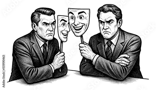 Two Caucasian men with masks, one happy, one sad, showing duplicity in black and white illustration