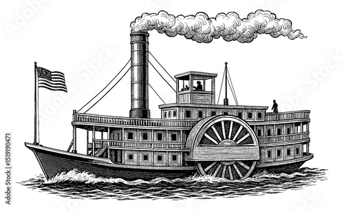 Vintage Engraving Style Illustration of a Paddle Steamer with American Flag and Detailed Smoke