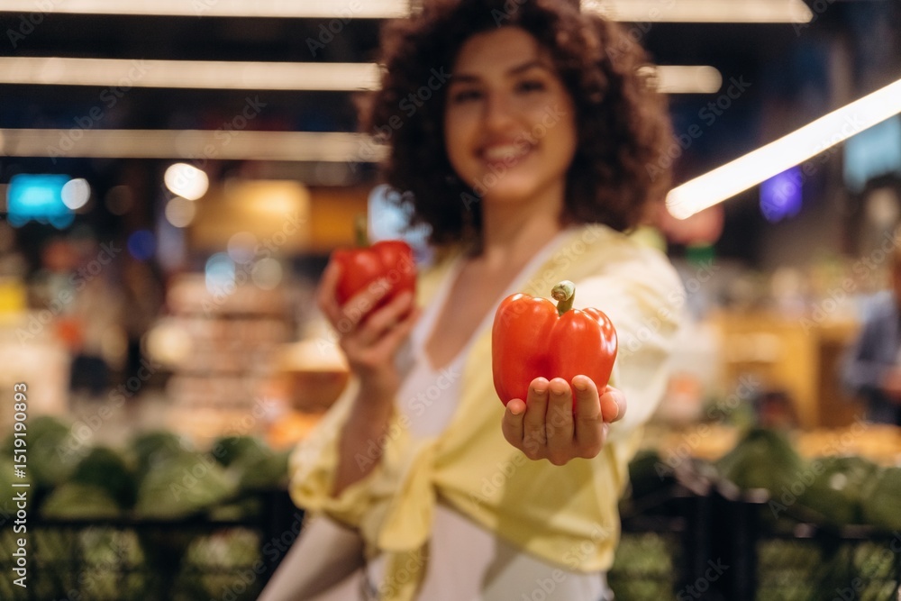 Fototapeta premium Pepper in hands. Gorgeous woman is in the grocery store
