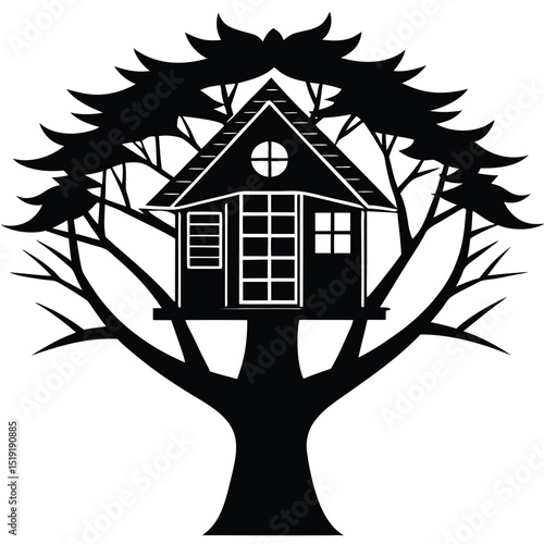 A serene house nestled within a tree's branches, viewed from a distance, illustrating harmony between nature and architecture in a simple illustration.