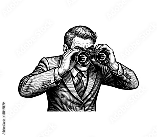 Man in suit looking through binoculars with euro signs in engraved black and white illustration