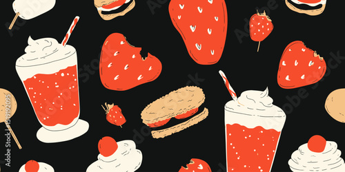 Sweet Strawberry Treats Seamless Vector Pattern of Delicious Desserts and Drinks