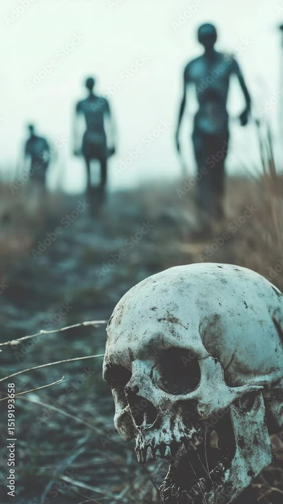 Blurred figures of zombies walk towards the camera in a desolate landscape, with a human skull in the foreground, symbolizing death and decay in a post apocalyptic world Blurred figures of zombies walk towards the camera in a desolate landscape, with a human skull in the foreground, symbolizing death and decay in a post apocalyptic world