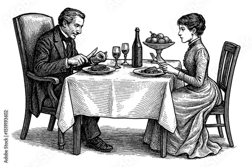 Elegant Couple Dining Together, Antique Illustration with Table Setting and Formal Attire