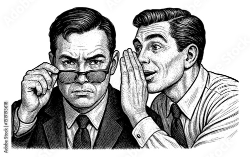 Vintage Illustration of Man Whispering Secret to Another with Suspicious Expression in Black and White