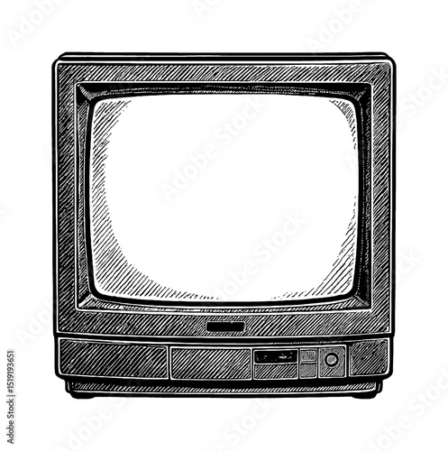 Vintage Television Set with Detailed Hatching Pattern in Black and White Line Art Drawing