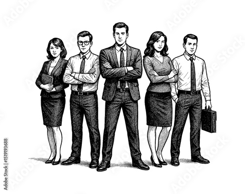 Group of diverse business people standing confidently with arms crossed in black and white drawing