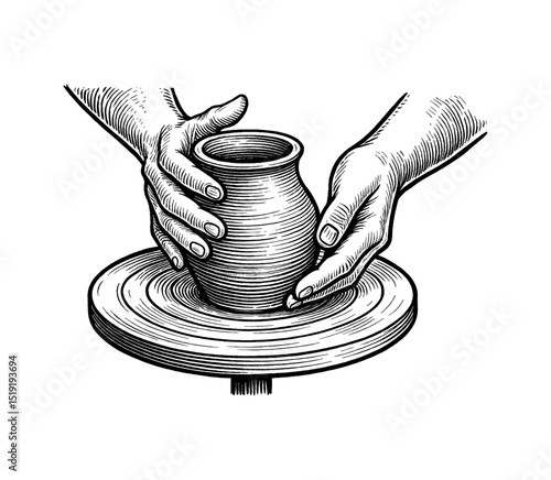 Hands shaping clay on pottery wheel in engraved vintage art, black and white illustration
