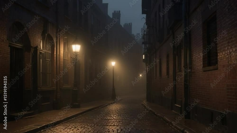 A gloomy and atmospheric view of a narrow street at night A gloomy and atmospheric view of a narrow street at night