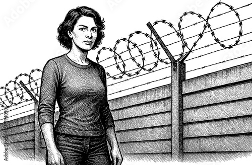 Anxious woman standing by barbed wire fence in black and white detailed illustration