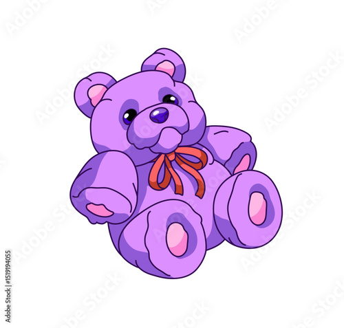 Cute teddy bear with ribbon. Violet plush animal for little kids. Purple stuffed toy for children. Fancy teddybear, cuddly friend for babies. Flat isolated vector illustration on white background