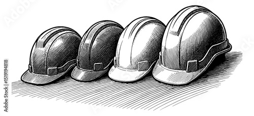 Four Safety Helmets in a Row, Differing Sizes, Detailed Black and White Engraving Style