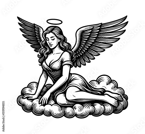 Beautiful Angel Sitting on Cloud with Wings and Halo in Black and White Detailed Engraving
