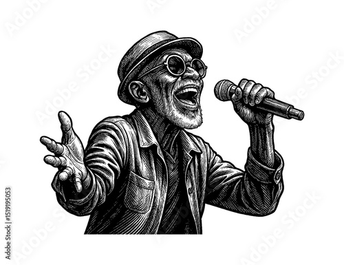 African American Man Singing Passionately Into a Microphone in Detailed Engraving Art