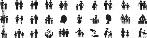 Parenting & Family Icon Pack,Family and Social Care Icons ,Vector Pictograms of Parenting, Pregnancy, Elderly, Community Support parent, child, elderly people, pregnancy, parenting, community, single