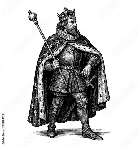 Engraved image of a king with a beard holding a scepter and sword, wearing a crown and cape