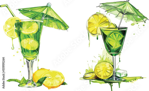 Cocktail Vector Illustration: Refreshing Green Drinks with Lemon and Umbrella on White Background.