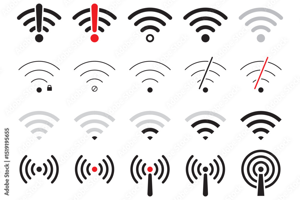 Wi-Fi connection status icon set. Lost signal symbol. Wi-fi error vector illustration. Network indicator icon collection. Wireless router connection status set. Antenna tower icon collection. Eps 10 Wi-Fi connection status icon set. Lost signal symbol. Wi-fi error vector illustration. Network indicator icon collection. Wireless router connection status set. Antenna tower icon collection. Eps 10