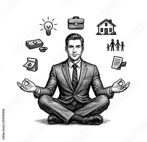 Meditating Businessman in Suit with House, Family and Money Icons Illustration Art