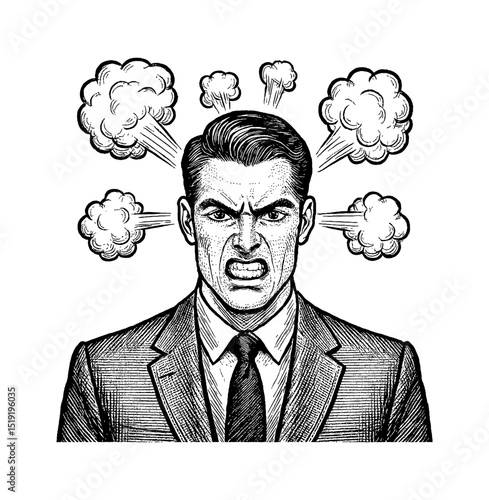 Angry Caucasian Man with Steam Coming Out of Ears in Engraved Illustration Style