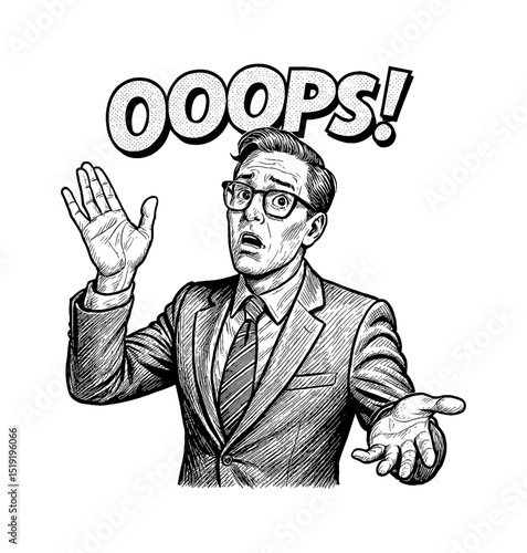 Confused Businessman with Glasses and Suit Saying Oops Comic Style Illustration