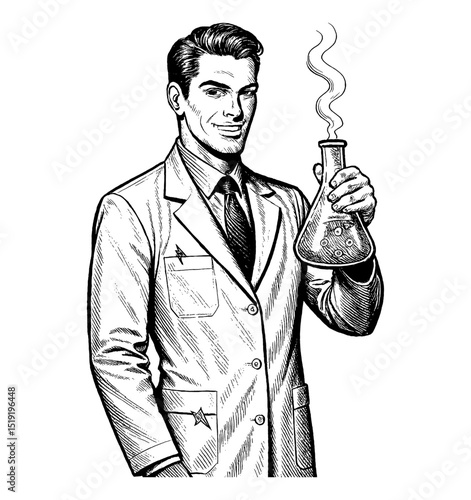 Scientist in Lab Coat Holding Beaker with Smiling Expression Black and White Detailed Engraving