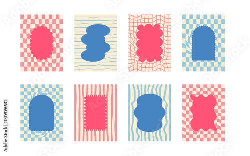 Retro funky arch and geometric frames with groovy checkerboard background. Set of fun vintage colors borders with scallop edges. Text boxes oval, rectangle templates. Vector illustration.