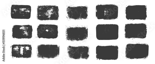 Rectangles callouts frames. Ink grunge text boxes set. Linocut rolled paint black tag. Vector handmade brayer stamp smudged texture. Rough paint decorative irregular border.