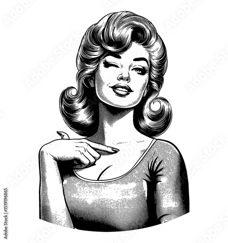Pinup Woman Winking with Finger Pointing in Black and White Engraving Style