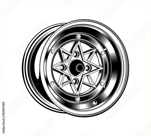 vector rims detailed black-and-white illustration of a car wheel rim with a complex star-shaped spoke design. emphasizing the precision and symmetry of the rim. equiprims