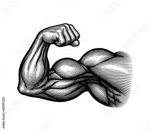Engraved illustration of a strong arm with muscles flexing on a white background